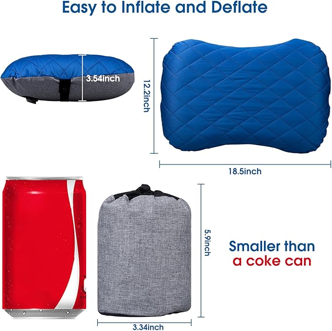 Inflatable Camping Pillow with Removable Cover - Ultralight Compact Camp Pillows for Sleeping, Backpacking, Hiking, Beach, Outdoor - Portable Blow Up Air Travel Pillow for Neck & Lumbar Support - Blue