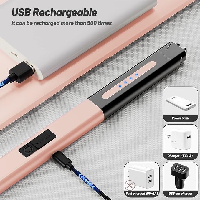 VEHHE Candle Lighter, Electric Lighter Rechargeable with Safety Lock and LED Battery Display, USB Long Lighter for Candle, Windproof & Flameless Arc Lighter Rose Gold