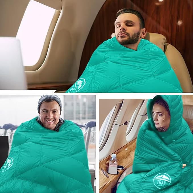 Luxurious Ultralight Down Camping Blanket | Perfect for Backpacking | Packable Puffy Outdoor Quilt with Hood & Pad Straps | Ideal for Travel Camping & Soccer Moms | 80x54 Turquoise