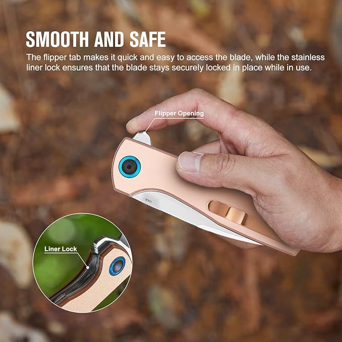 OKNIFE Freeze 2 Folding Knife, EDC Pocket Knife with Copper Handle, 154CM Steel Blade and Ceramic Ball-Bearing Washer for Camping, Hiking