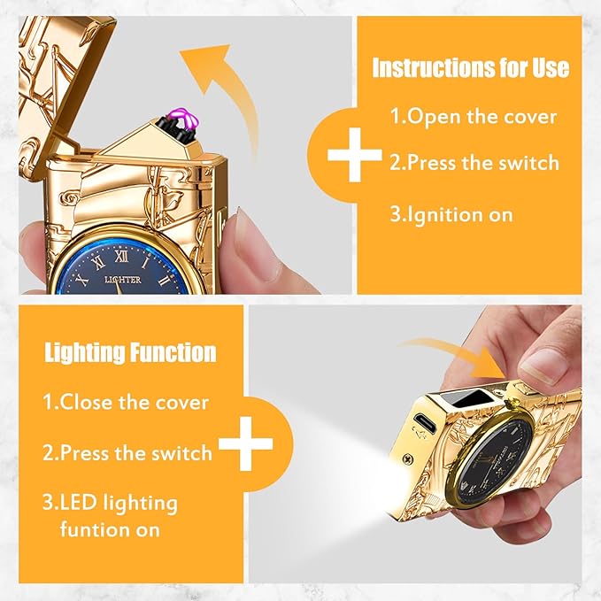 Cool Lighter with Clock Dial Electric Lighter with LED Power Display Plasma Lighter Windproof USB Rechargeable Lighter Gifts for Men Women (Sailboat-Gold)