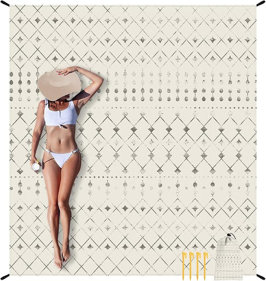 Beach Blanket Waterproof Sandproof, 10'X 9' Extra Large Oversized Beach Mat for 2-8 Adult, Quick Drying Lightweight & Portable Polyester Picnic Blanket for Outdoor, Travel, Camping, Hiking-Moroccan