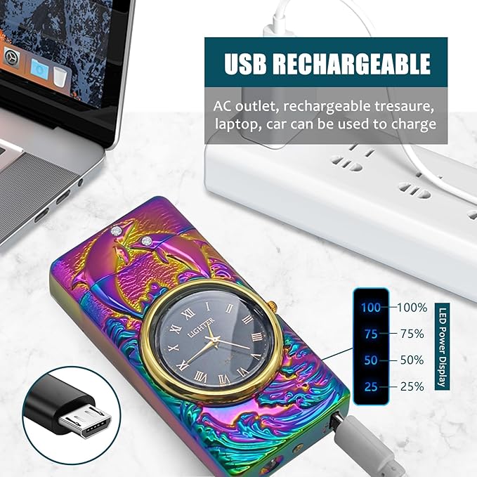 Rechargeable Lighter USB Electric Lighter Plasma Arc Candle Lighter with Clock Dial Windproof Electronic Lighter with LED Power Display for Camping, Hiking, Traveling (Colors Dolphin)