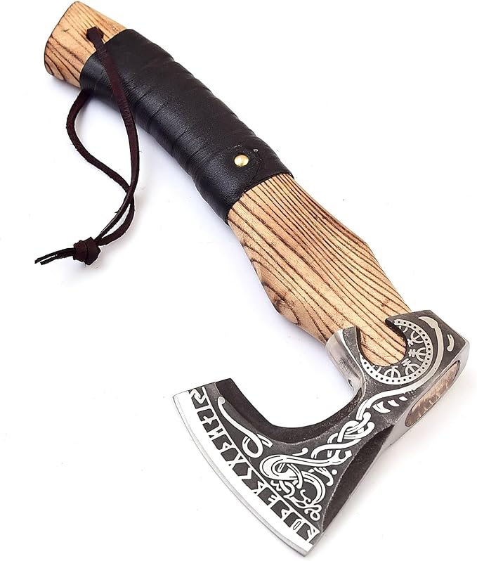 H&A CRAFTS® Viking Axe The Ragnar Lothbrok Real, and Custom Crafted with Leather Sheath Carbon Steel Camping Hatchet Personalized Gifts for Men (Runes Black Viking Axe)