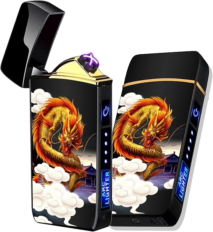 Arc Lighter, Smart Electric USB Rechargeable Lighter Windproof Flameless Lightweight Plasma for Fire,BBQs,Fireworks,Candle,Camping-Outdoors Indoors (T3-Black Printed Dragon)