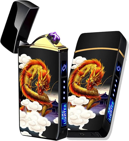 Arc Lighter, Smart Electric USB Rechargeable Lighter Windproof Flameless Lightweight Plasma for Fire,BBQs,Fireworks,Candle,Camping-Outdoors Indoors (T3-Black Printed Dragon)
