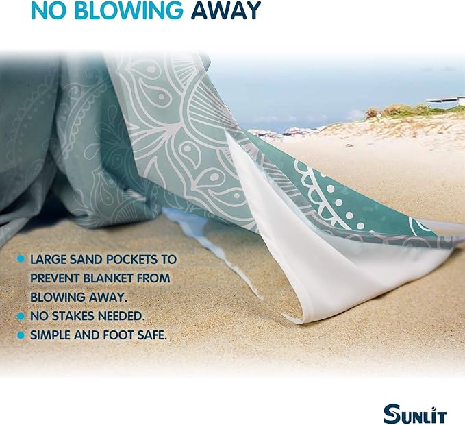 Sunlit Silky Soft 106"x81" Boho Sand Proof Beach Blanket Sand Proof Mat with Corner Pockets and Mesh Bag for Beach Party, Travel, Camping and Outdoor Music Festival, Tiffany Green Mandala