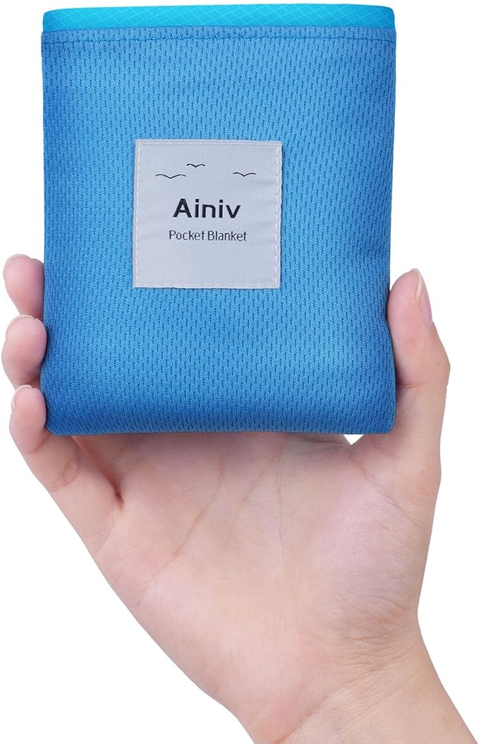 Ainiv Picnic Blanket, Mini Pocket Beach Mat 43.3 x 55.1IN (2-3 People) Foldable, Lightweight Waterproof Sand Free, Foldable Thin Ground Sheet for Outdoor Camping Hiking Travel - with Hand Strap