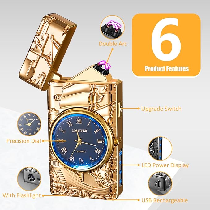 Cool Lighter with Clock Dial Electric Lighter with LED Power Display Plasma Lighter Windproof USB Rechargeable Lighter Gifts for Men Women (Sailboat-Gold)