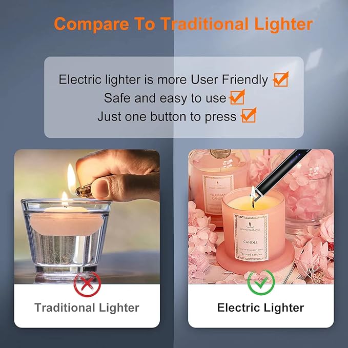 Electric Lighter, Rechargeable Candle Lighter, USB Lighter with Safe Button, Birthday Candles Sparklers, No Fuel Needed, Perfect for Grill Kitchen BBQ Camping (Black)
