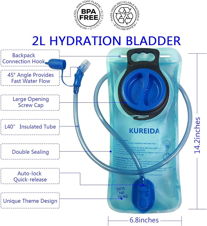 Hydration Bladder 2 Liter Leak Proof Water Reservoir,BPA Free,Wide Opening, Military Water Bladder Combined with Hydration Backpacks for Biking Hiking Running Camping Climbing.