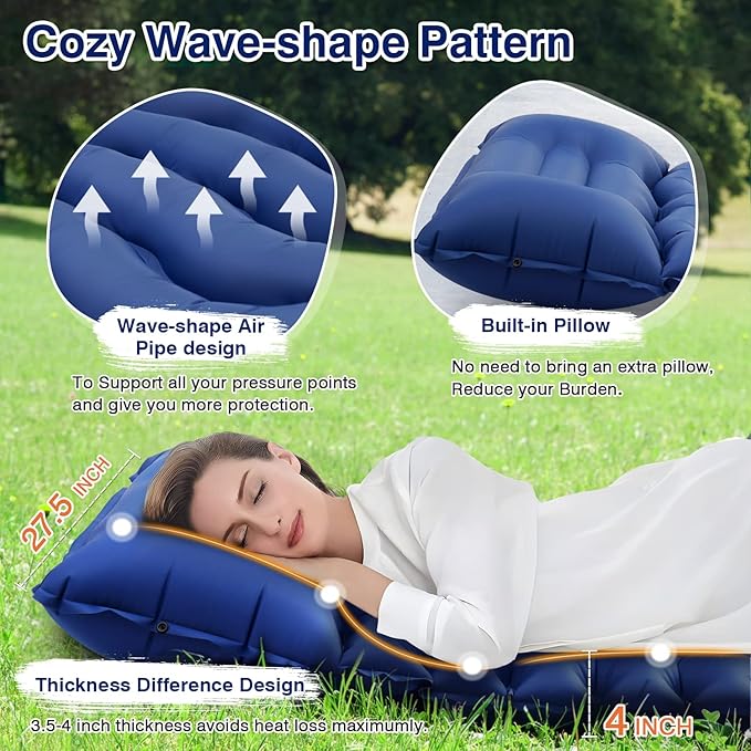 Camping Sleeping Pad Inflatable Sleeping Mat with Pillow Built-in Foot Pump Camping Mat Thickness 4 Inch Waterproof Portable and Compact Camping Mattress for Backpacking Hiking Traveling Tent