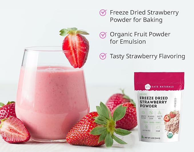 Kate Naturals Freeze Dried Strawberry Powder for Baking, Camping & Drinks. Natural Strawberry Flavoring for Cakes, Icing & Smoothies (4 oz, Organic)
