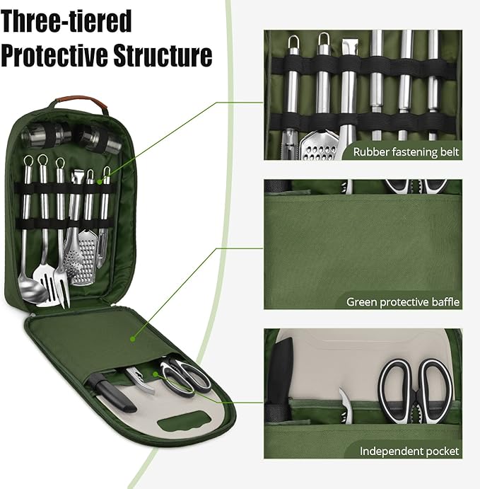 Extremus 13 Pcs Camp Kitchen Cooking Utensil Set Cookware Kit - Travel Organizer Grill Accessories Portable Compact Gear for Backpacking BBQ Camping Travel,Combat Green
