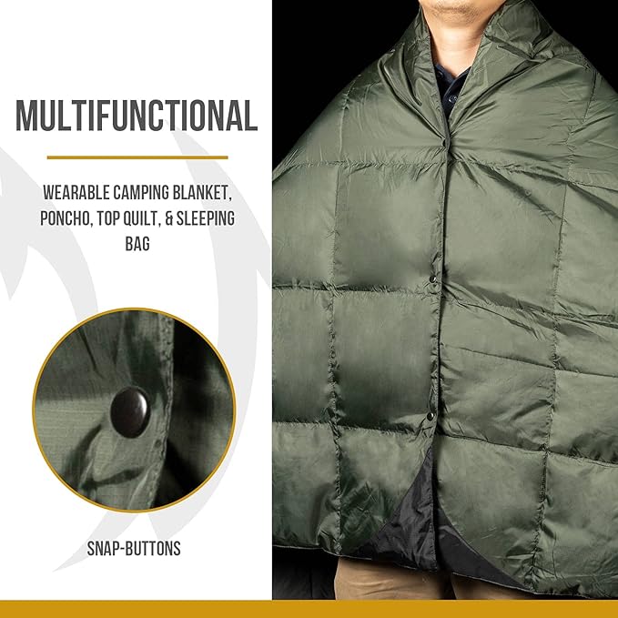 OneTigris Down Camping Blanket for Cold Weather Packable Puffy Backpacking Lightweight Quilt Hiking Gardening Travel Beach Picnic (OD Green)