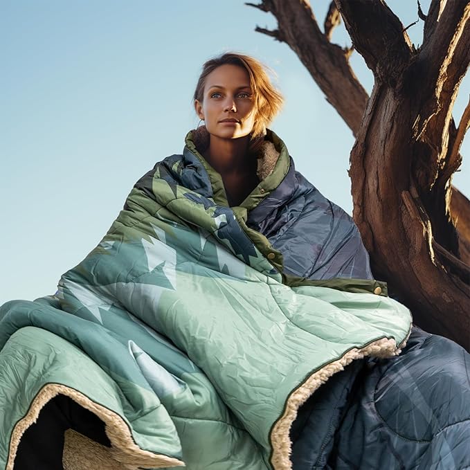 Outdoor Camping Blanket with Sherpa Lining, Extra Warm Thick Camp Blankets & Puffy Ultralight Soft Poncho DWR Camping Quilt for Cold Weather, Adventure,Sleeping,Backpacking 78"x 56"