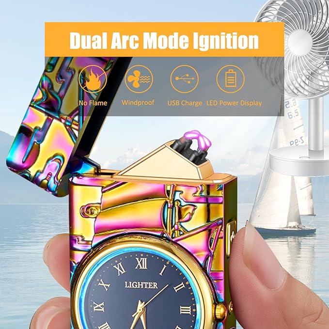 Cool Lighter with Clock Dial Electric Lighter with LED Power Display Plasma Lighter Windproof USB Rechargeable Lighter Gifts for Men Women (Sailboat-Magic)