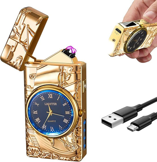 Cool Lighter with Clock Dial Electric Lighter with LED Power Display Plasma Lighter Windproof USB Rechargeable Lighter Gifts for Men Women (Sailboat-Gold)