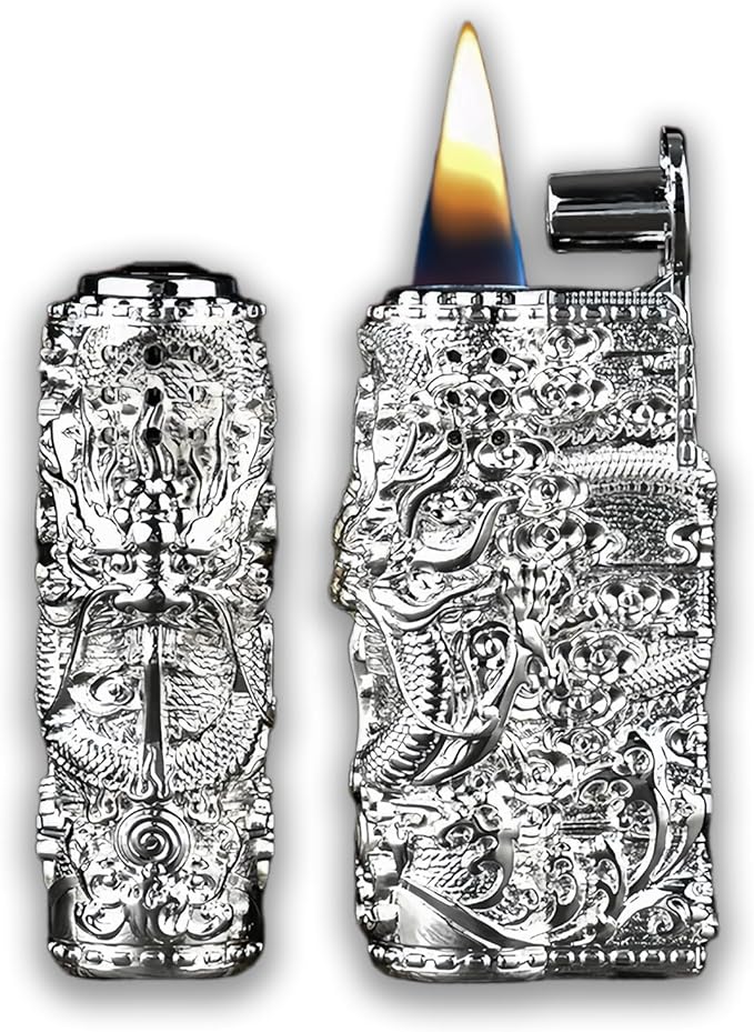 Cool Embossed Design Kerosene Wheel Lighter Refillable Eco-Friendly, Vintage Dazzling & Ultra-Cool, Unique for Men Candles Gift Camping BBQ (No Kerosene) (20#)