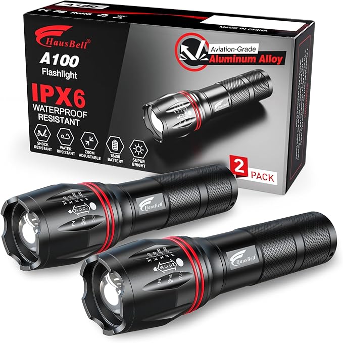 HAUSBELL LED Flashlight 2Pack 2000 High Lumens,Bright, Zoomable, Waterproof, Powerful, Emergency Tactical A100 LED Flashlights for Home and 5 Modes, Flashlight for Camping Gear、Hiking、Walking(2Pack)