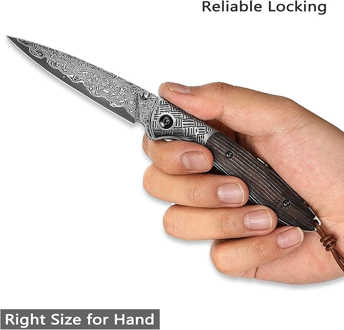 Handmade Damascus Steel Folding Pocket Knife with Leather Sheath,Ebony Wood Handle Thumb Stud Knives for Men EDC Hunting Camping EDC,Piscis Austrinus-01E