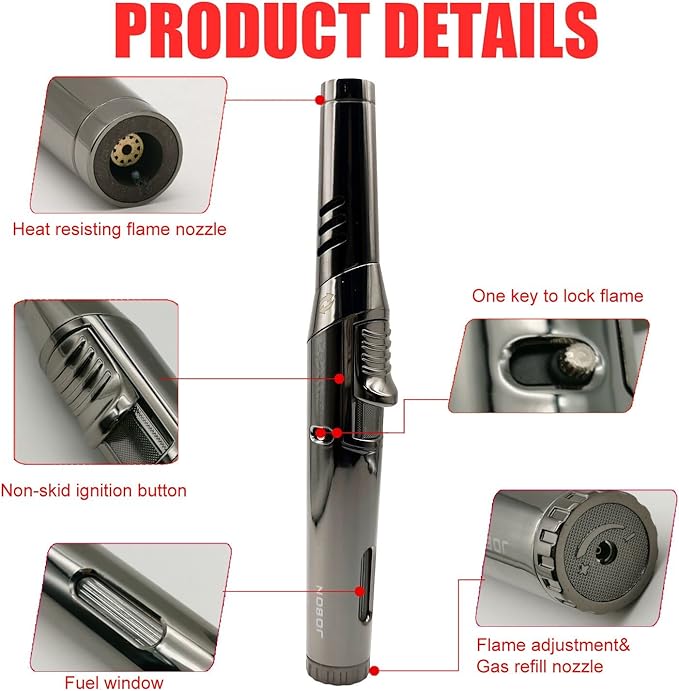 JOBON Torch Lighter, Adjustable Rotatable Lockable Jet Flame Refillable Long Pen Lighter with Gas Window for Candle Grill Baking Camping (Butane Not Included) (Black-Ice)