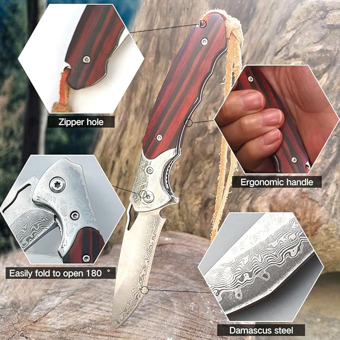 Damascus Pocket Knife with Clipand Leather Sheath, Folding Knife with VG10 Damascus Steel Blade,Wooden Handle, Foldable EDC Knife for Outdoor Survival
