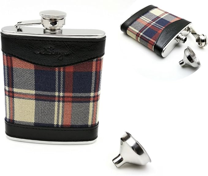 6oz Red Check and Black Leather Wrapped Hip Flask with a Funnel 18/8 Stainless Steel-YM113