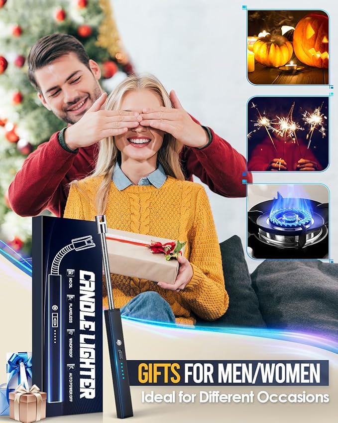 Electric Lighter for Candle USB Rechargeable - 2 Pack Stocking Stuffers for Men Women Upgraded Plasma Arc Lighter with LED Display Flameless Safety Lock Long Lighter for Grill Cooking Camping