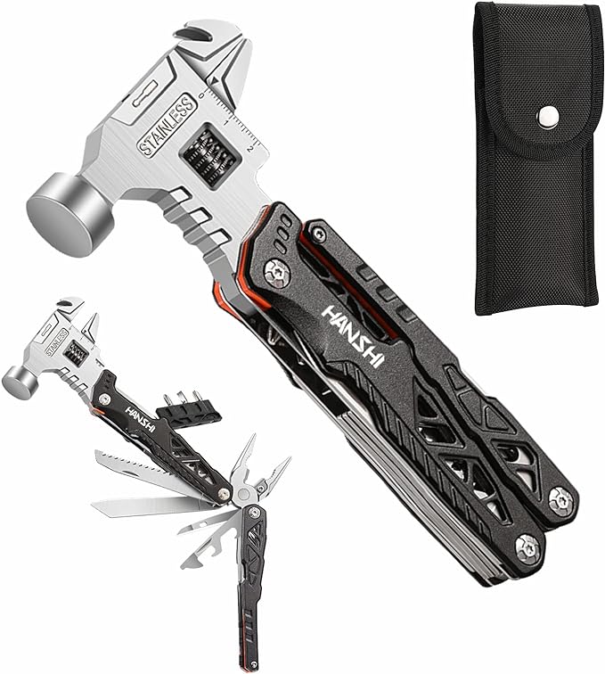 Upgraded Adjustable Wrench Multitool Hammer with YG10 Tungsten Steel Replaceable Wire Cutters for Men,18 in 1 Pocket Multi Tool Knife with Spring-Action Pliers for Camping,Survival (Black)