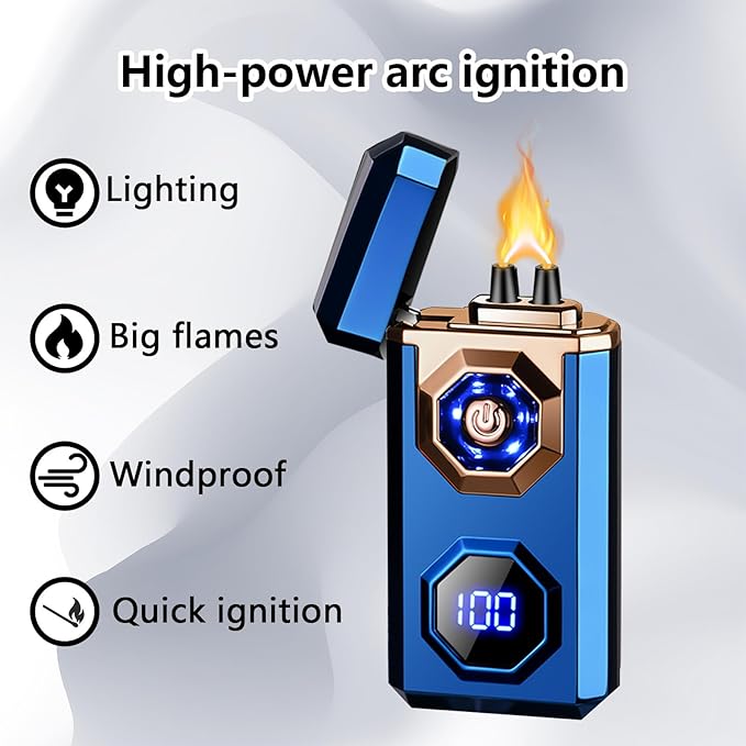 Electric Lighter,Type-C Arc Lighters Rechargeable,Big Flame Plasma Lighter,Wind Resistant Lighter with LED Battery Display,Cool Lighter, Suitable for Camping,Scented Candles(Blue)