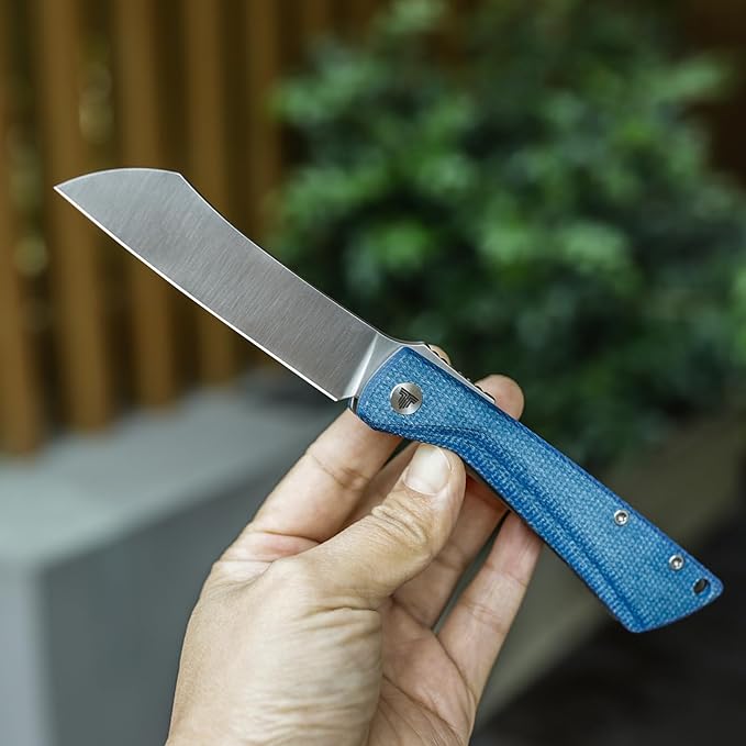 Modern Japanese Pocke Folding Knife with Clip,3.3'' 14C28N Steel Blade,Blue Micarta Handle,Front Flipper Higonokami EDC Knives for Men,Norma-04L