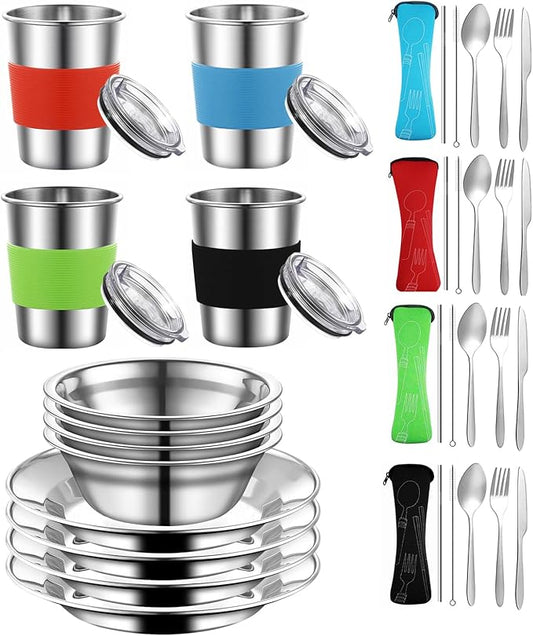 Camping Mess Kit, Stainless Steel Camping Cooking Set Includes Plate Bowl Cup with Sealing Cover Spoon Fork Knife in Mesh Bag for Backpacking, Camping, Hiking and Picnics for 4 Person