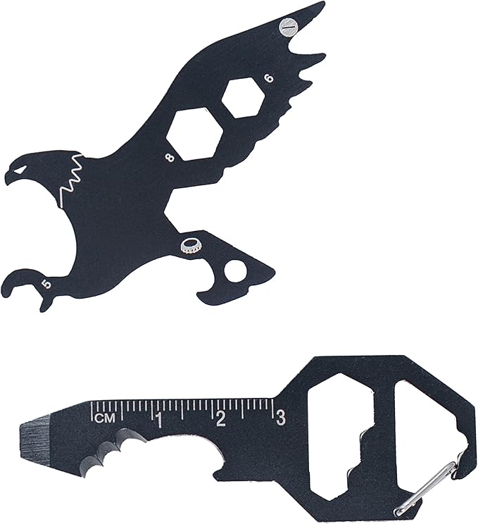 PMR-EXPORTS | Multitool Keychain (Eagle & Key) Two Pack Multitools Eagle Key Good for Adults Teens Men or Woman Multi-tool mechanic Unexpected defense against raiders stealers, Charcoal Gray, 5x5x.25