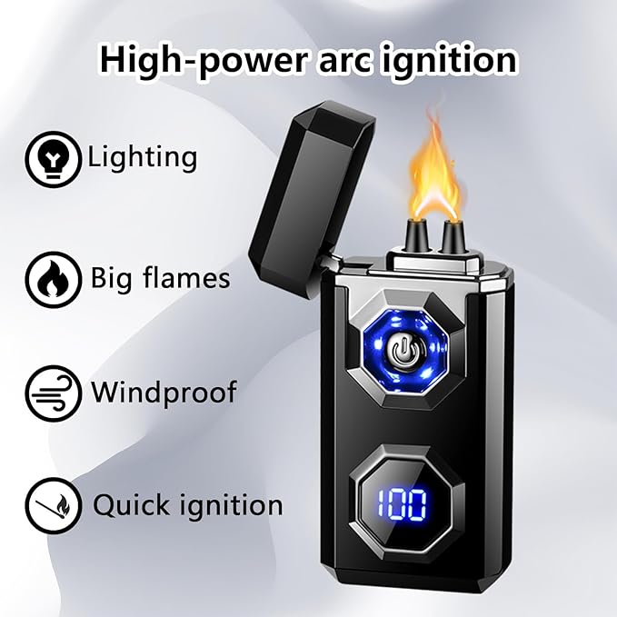 Electric Lighter,Type-C Arc Lighters Rechargeable,Big Flame Windproof Lighter,Plasma Lighter with LED Battery Display and LED Lighting, Suitable for Camping,Scented Candles(Black)