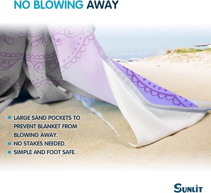 Sunlit Silky Soft 106"x81" Boho Sand Proof Beach Blanket Sand Proof Mat with Corner Pockets and Mesh Bag for Beach Party, Travel, Camping and Outdoor Music Festival, Purple Lines Pink Mandala