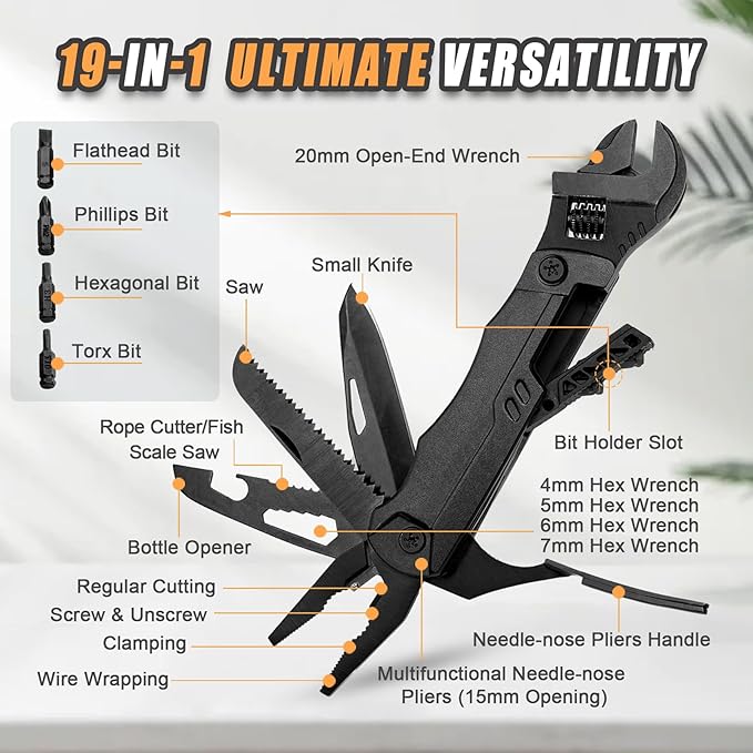 Multitool Wrench 19 In 1 Multipurpose Camping Gear Pocket Size Adjustable Wrench with Pliers, Wire Cutter, Cutting Saw, Bottle Opener for Maintenance, Camping and DIY,Gift for Him