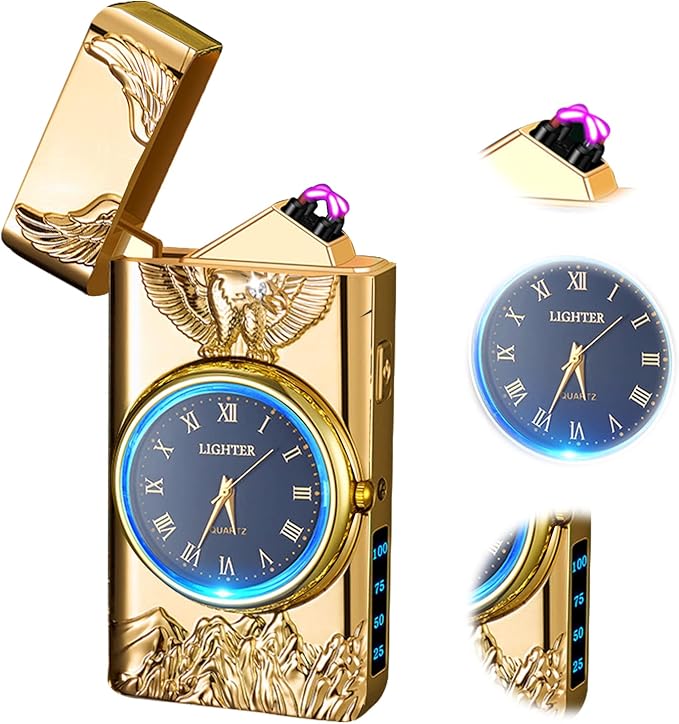 Plasma Lighter USB Rechargeable with led Display arc Lighter with Clock dial time Display Cool Lighter for Father's Day(Gold)