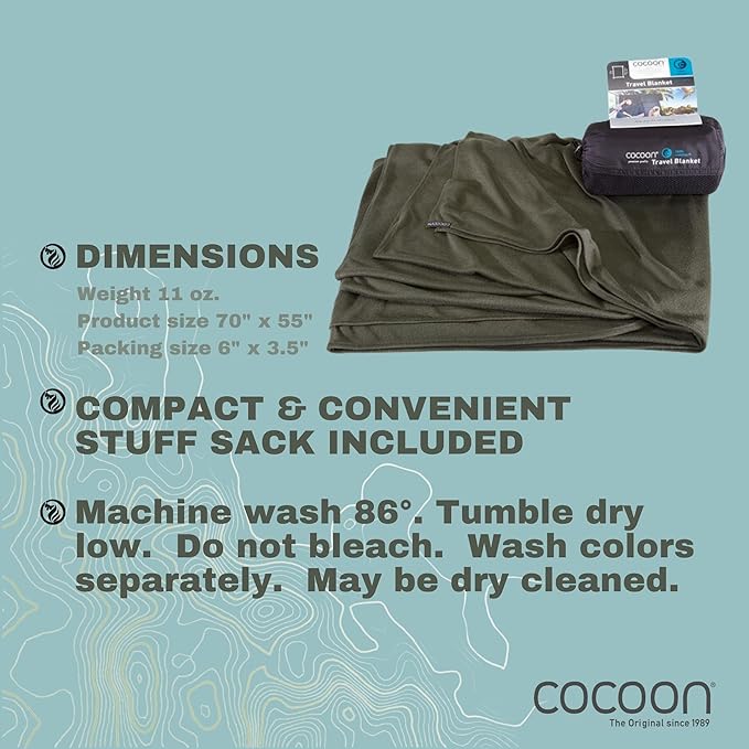 COCOON - Coolmax Travel Blanket | Compact Throw Blanket for Camping and Hiking | Fits in Backpack | Attaches to Luggage | Travel Essential | Fast Drying (Regular 70" x 55")