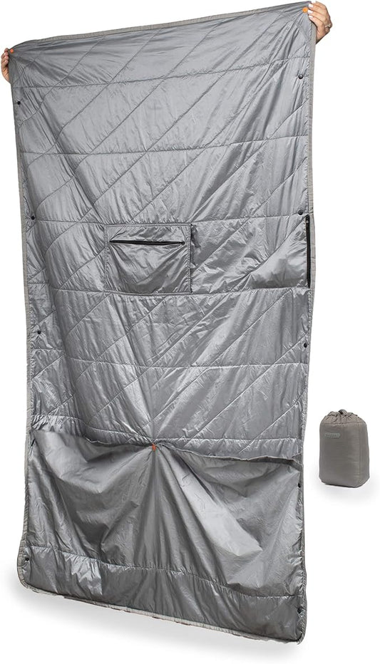 Gravel Layover Ultra-Compact Packable Down Blanket for Travel & Camping - Lightweight, Warm Travel Blanket Airplane, Car Blanket, Camping Blankets for Cold Weather - Includes Carrying Pouch (Gray)