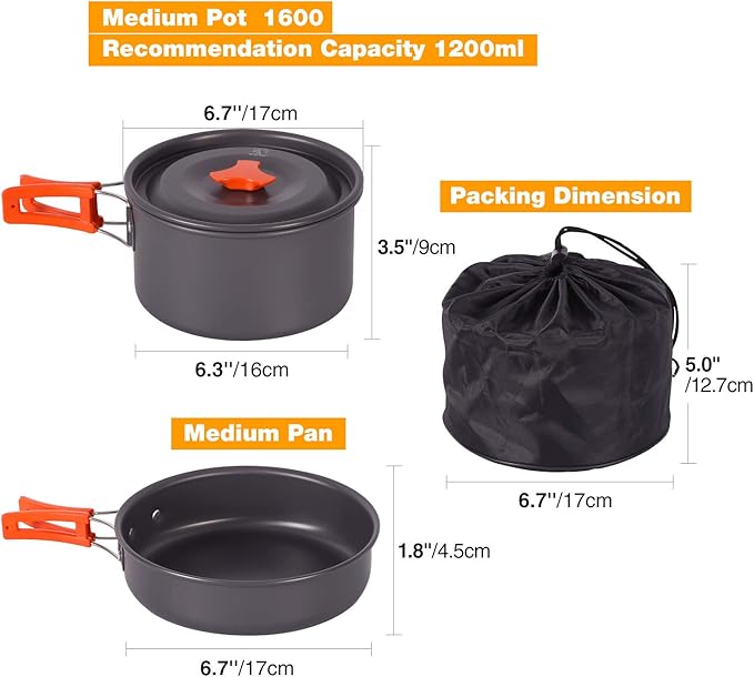 REDCAMP 11/12/17/22 PCS Camping Cookware Mess Kit, 800ml (28oz) Backpacking Camping Pot+Pan Set, Lightweight and Compact Cookware for Hiking, Picnic and Camping