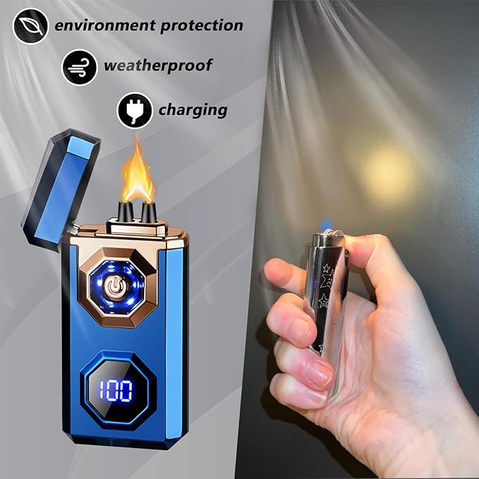 Electric Lighter,Type-C Arc Lighters Rechargeable,Big Flame Plasma Lighter,Wind Resistant Lighter with LED Battery Display,Cool Lighter, Suitable for Camping,Scented Candles(Blue)
