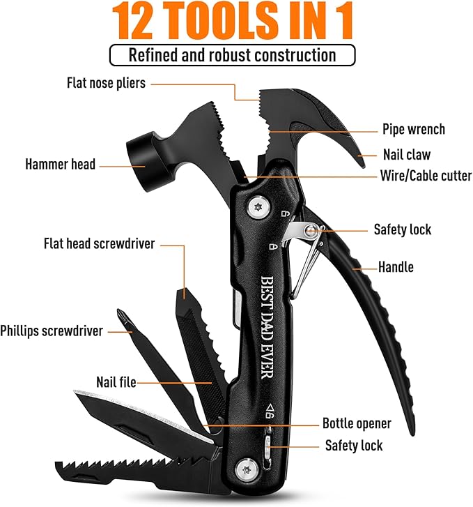 BIIB Stocking Stuffers Gifts for Men, 12 in 1 Hammer Multitool Camping Essentials, Mens Gifts for Christmas, Dad Gifts for Him Husband Grandpa Camping Gear, Unique Gifts for Men Who Have Everything