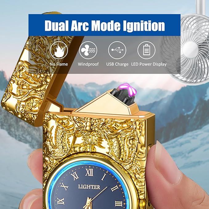 Cool Lighter with Clock Dial Electric Lighter with LED Power Display Plasma Lighter Windproof USB Rechargeable Lighter Gifts for Men Women(GoldDragon)