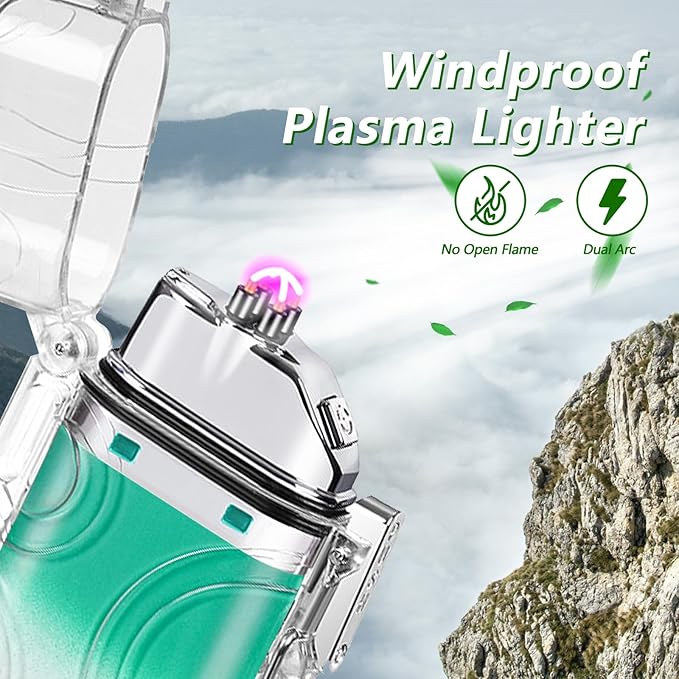 SKRFIRE Electric Lighter Transparent Waterproof Lighter Dual Arc Lighter with LED Flashlight,Windproof Lighter Rechargeable USB Lighter Flameless Plasma Lighter for Camping Hiking (ClearCyanWhite)