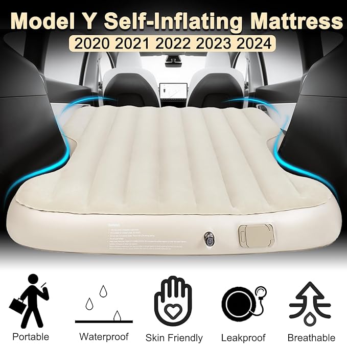 Car Mattress for Tesla Model Y 2024-2020, Self-Inflating Model Y Camping Mattress with Wireless Pump, Portable and Comfortable Tesla Model Y Accessories 2024 2023 2022 2021