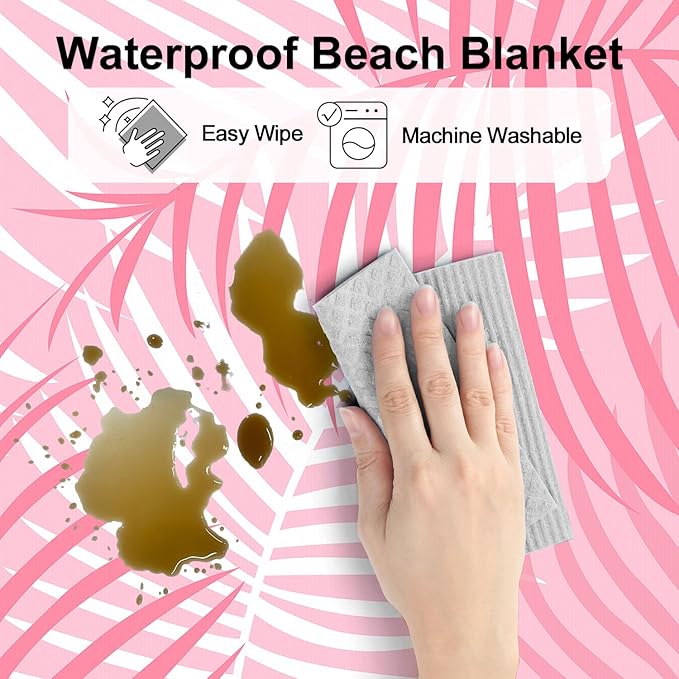 78''×86'' Pink Beach Blanket 1-4 Adults, Polyester Waterproof Sandproof Beach Mat with 4 Stakes & Pockets, Large Compact Foldable Outdoor Blanket for Picnic, Travel, Camping - Tropical Palm Leaves