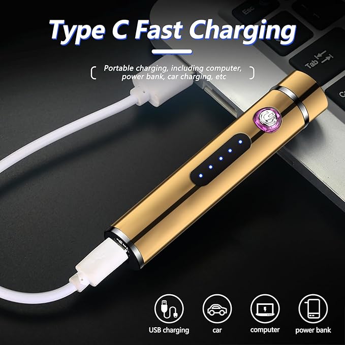 BABOBIU Candle Lighter Rechargeable Lighter Windproof Camping Lighter Mini Flameless Lighter with Type C Fast Charging Plasma Lighter for Camping, Hiking, Adventure (Gold)