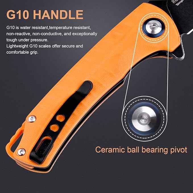 Relicanth Pocket Knife, 3.2" Stonewashed Titanium Coating D2 Blade Orange G10 Handle Liner Lock Folding Knife with Pocket Clip Qualified as Outdoor Hunting Knife