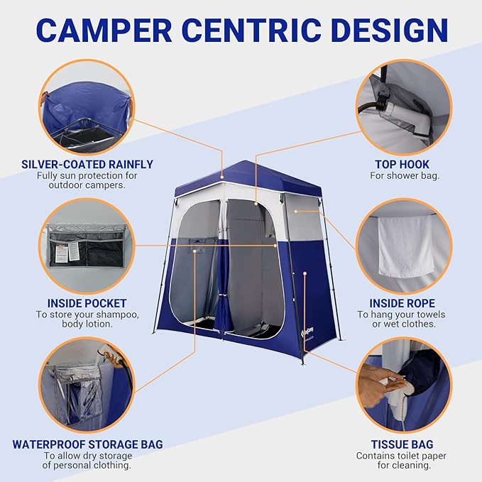 KingCamp Camping Shower Tent, Instant Portable Privacy Shelter, 1/2 Room Large Outdoor Toilet Tent with Floor, Water-Resistant, Windproof & Easy Setup for Beach, Camping & Hiking